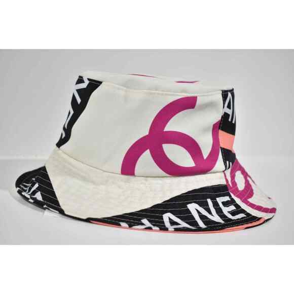 Chanel 22S Black White Pink Beige Fabric CC Logo Sun Cloche Bucket Hat Medium M main image 4